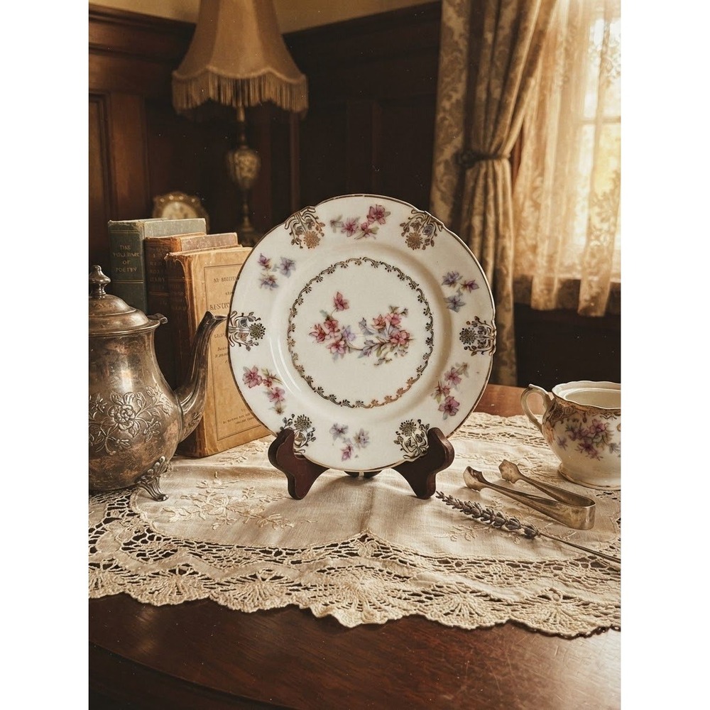Antique Limoges Style Porcelain Floral Plate Gold Gilt Scalloped 7.5 Inch C.1900